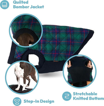 Gooby Fashion Vest Check Dog Jacket - Green Check, Small - Warm Zip Up Bomber Vest with Dual D Ring Leash - Winter Water Resistant Small Dog Sweater