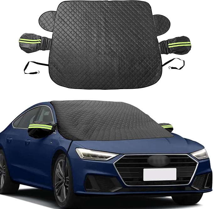 Car Windshield Snow Cover with Side Mirror and Hook, Winter Magnetic Windshield Sun Shade Foldable, Windshield Cover for Ice and Snow, Fit for Small Sedan, Compact SUV, (58"x47") Black