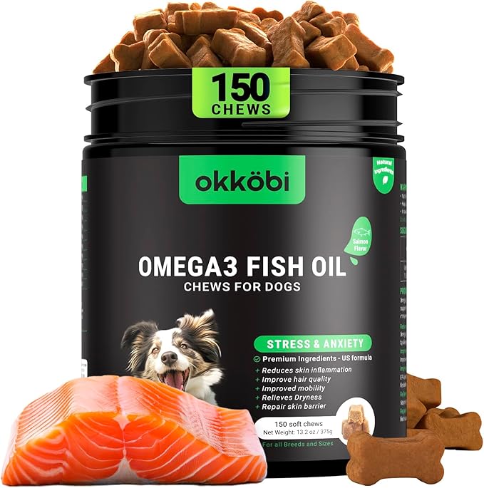 Omega 3 Chews for Dogs - 150Pcs - Dog Skin and Coat Supplement - Rich in EPA & DHA Fatty Acids - Itching Skin Relief Chews - Reduce Hair Shedding - Made with Fish Oil - Salmon