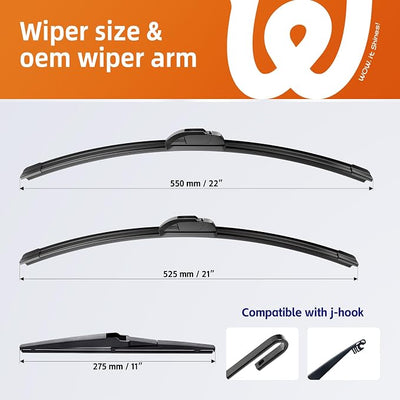 22"+21" Windshield Wiper Blades with 11" Rear Wiper Replacement for Jeep Grand Cherokee 2014 2015 2016 2017 2018 2019 2020 2021-OEM Quality All-Weather J Hook Wipers(Set of 3)