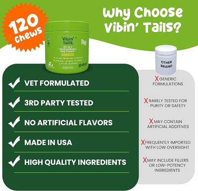 Vibin’ Tails 24-in-1 Dog Multivitamin, Glucosamine Chondroitin Hip & Joint Support, Probiotics & Omega-3, Skin & Coat - Puppy & Senior Chewable Dog Vitamins & Supplements Vet Formulated- 120ct Chicken