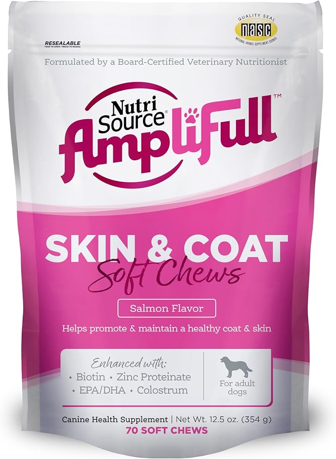 AmpliFull Salmon Flavor Skin & Coat Soft Chews for Dogs, Daily Omega-3 Fatty Acids, Zinc & Biotin Supplement for Shiny Coat & Healthy Skin, 70 Chews (1 Pack)