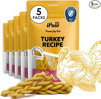 iPaw 5 Stock-Up Combo Turkey Dog Treats, SQF Certified Human Grade Dog Treat, Suitable for Training Chew, Hypoallergenic, Rawhide Alternative, Braided Stick (Pumpkin), 5 Packs