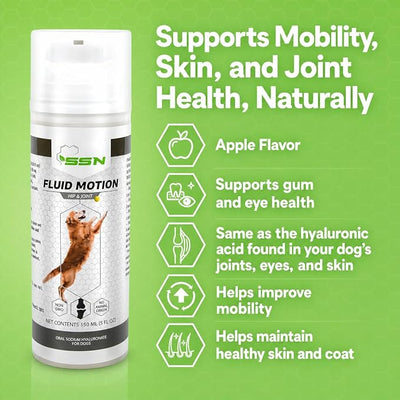Fluid Motion - Hip & Joint Support for Dogs - Liquid Hyaluronic Acid - Joint Mobility, Skin, & Coat Supplement for Senior Dogs - Apple Flavor - Glucosamine Alternative (30-60+ Day Supply)
