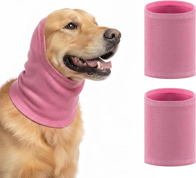 Dog Head Wrap, 2 PCS Soft Elastic Dog Ear Cover, Muffs Noise Protection, Anxiety Relief and Calming Pet, No Flap Ear Wrap for Grooming, Force Drying, Fireworks (Boxed, Pink, L)