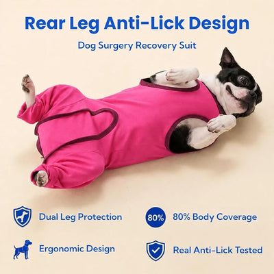 Back Zipper Dog Surgery Recovery Suit with Rear Leg Sleeve to Stop Licking, Easy On Off Dog Surgery Suit Female Spay, Cone Alternative Spay Recovery Suit, Protective Dog Leg Sleeve, Rose-Red XL