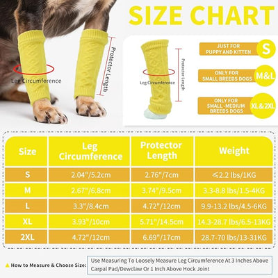 ROZKITCH Pet Dog Elbow Protector, Dog Leg Wraps to Stop Licking, 2PCS Front Leg & 2PCS Back Leg Knee, Elastic Knitted Breathable Protective Sock for Pomeranian, Papillon Yellow 2XL