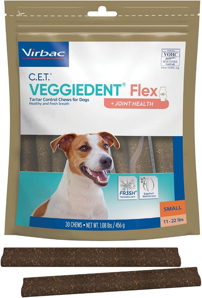 C.E.T.® VEGGIEDENT® Flex Tartar Control Chews for Dogs - Multifunctional to Support Joint Health, VOHC Approved - Small 11-22lbs