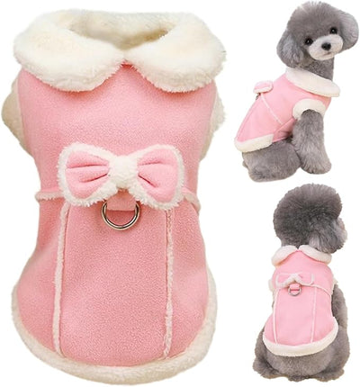 Dog Winter Coat Jacket Fleece Vest |Dog Fleece Jumper for Small Girls Warm Coat Soft Vest with Bow and D-Ring Cute Winter Clothes with Fuzzy Collar XS
