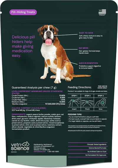 VetriScience Pinchers XL Pill Hiding Treats for Dogs – Extra Large Pill Hiders Probiotics, Great for Medicine, Large Capsules and Tablets, Peanut Butter, 45 Count