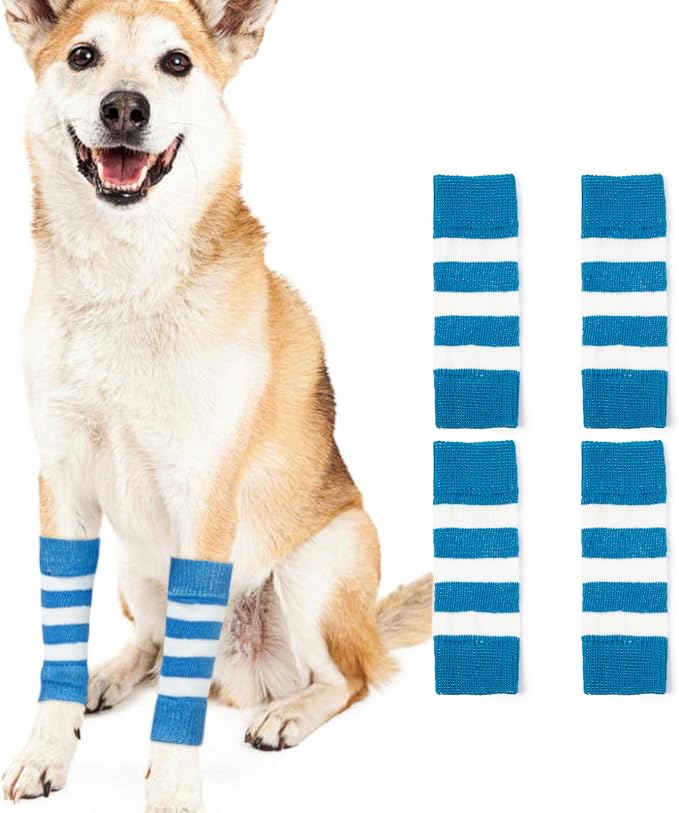 ROZKITCH Pet Dog Elbow Protector Dog Elbow Sleeve, 2PCS Front Leg and 2PCS Back Leg Knee, Elbow Wrap Leg Warmer Wrap Protector, Pet Elastic Knitted Breathable Protective BlueStripe L