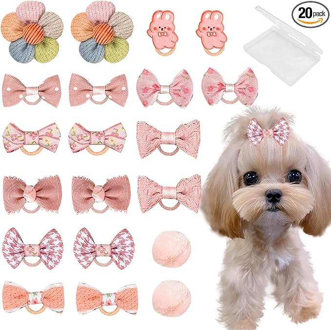 FGISAR 20 Pcs Small Dog Hair Bows with Rubber Bands Handmade Puppy Hair Bows Cute Grooming Flower Ball Bowknot Top Knot Dog Hair Accessories Hair Ties for Yorkie Maltese Pet (Pink) ﻿