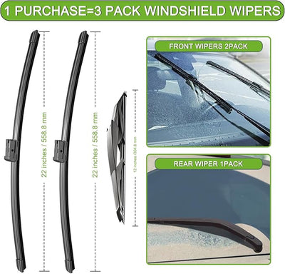 PARRATI® Windshield Wiper Blades for Chevrolet Tahoe 2007-2014, 3 Pack | 22/22 Inch Front +12 Inch Rear, OEM Replacement, Ultra Quiet, No Streaks All Weather Wiping