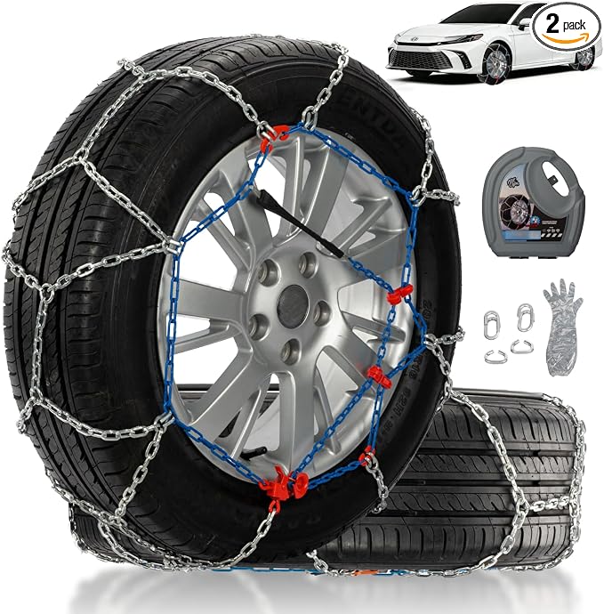 Snow Chains for Car Tires, Tire Chains for Passenger Cars, Sedan, SUVs, Quick Fit & Easy Installation Snow Tire Chains, Portable Reusable Emergency Tire Traction Chain, Set of 2 (HP1555)