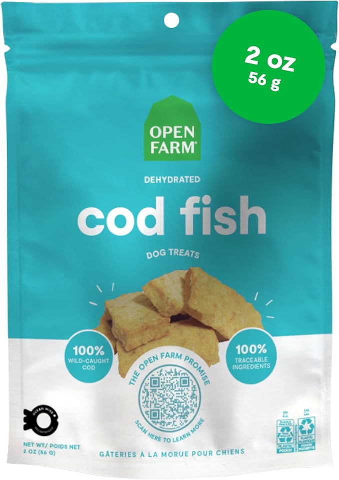 Dehydrated Dog Treats, High Protein & Low Carbohydrate Dog Snacks, Crunchy Texture, Single Ingredient Wild-Caught Cod Fish Recipe, 2oz Pouch