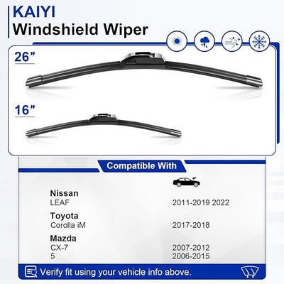KAIYI 26" + 16" Windshield Wipers Compatible with Nissan LEAF 2011-2019 2022,Toyota Corolla iM 2017-2018,Mazda CX-7 2007-2012,5 2006-2015 Premium Automotive Replacement Windshield Wiper Blades 2 Pack
