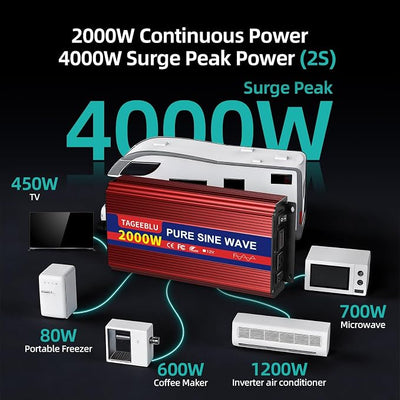 2000W Pure Sine Wave Power Inverter 12V DC to 110V 120V AC for Vehicles | Inverter for Car with 2 AC Outlets and LCD Display, 4000W Peak, Car Converter for Solar, RV, Truck, Home, Off-Grid, Camping