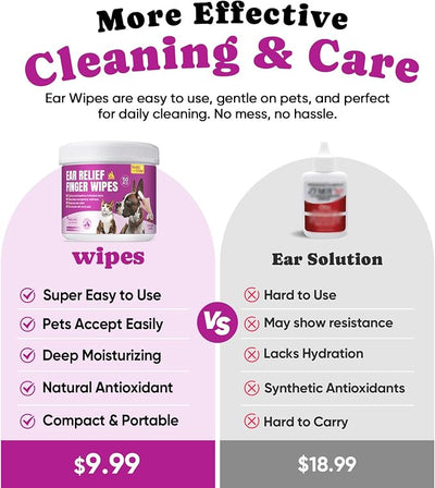 Pet Ear Cleaning Finger Wipes for Dogs & Cats - Dog Ear Cleaner with Aloe, Coconut Oil & Ginseng - Finger Dog Ear Wipes to Relieve Ear Itching, Infections, Wax & Smelly Ears - 50 Ct - Coconut Scent