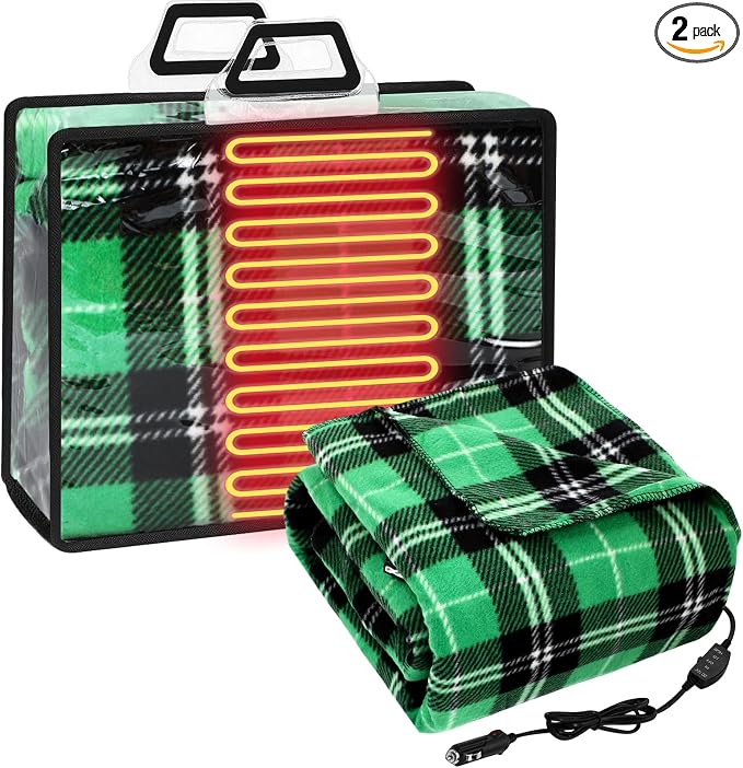 Tuanse 58 x 43 Inches 12 Volt Heated Car Blanket Plug in Portable Car Electric Blanket with Cigarette Lighter, Temperature Controller and Storage Bag for Rv Truck Traveling(Green,Plaid)