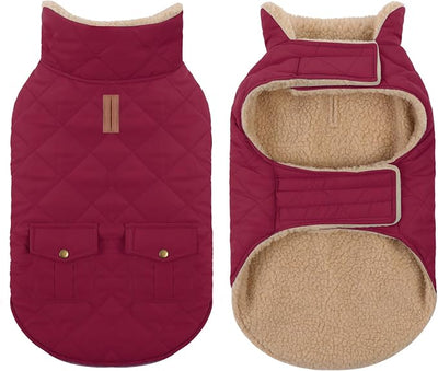 Winter Coat for Medium Dogs, Dog Plaid Jacket, Pets Coat for Cold Weather, Windproof Warm Garments, Pet Thickened Outfits Indoor Outdoor, Burgundy M