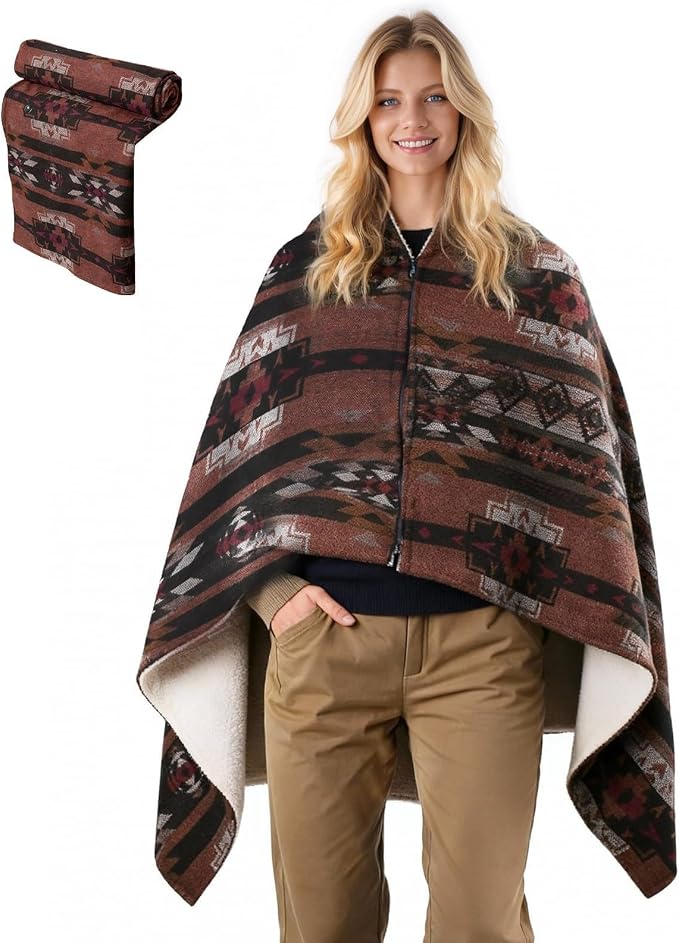 Heated Wearable Blanket, Faux Cashmere Electric Throw with 3 Heating Levels, USB-C Powered, Southwestern Pattern, 40x65 Inches(Brown(Thin))