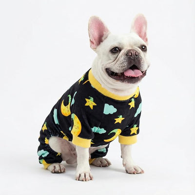 Fitwarm Moon and Stars Dog Fleece Pajamas, Cozy Winter Clothes for Small Dogs Boy Girl, Funny Pet Outfit, Black, Yellow, Small