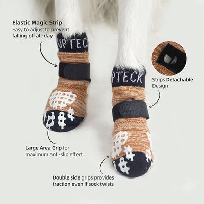 PUPTECK Anti-Slip Dog Socks with Double Sides Grips for Small Medium Large Dogs Hardwood Floors Prevents Licking, Dog Shoes for Hot Pavement Traction Control Paw Protector for Senior Dogs, Khaki XS