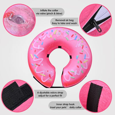 Inflatable Dog Cone Collar for Dogs After Surgery, Soft Adjustable Blow up Donut Dog E-Collar for Small Medium Large Dog and Cats,Pink Donut