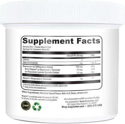 Suzy Cohen MagFocus Magnesium L-Threonate Powder with Magtein (Mixed Berry) Plus Magnesium Glycinate for Wellness, Focus, and Cognition - Gluten-Free, Non-GMO, Vegetarian (60 Servings)