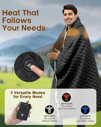 12V Battery Operated Wearable Heated Blanket for Office,Camping,Stadium with Storage Bag,3-Level Temperature Up to 167°F,15000mAh Battery Included (Black)