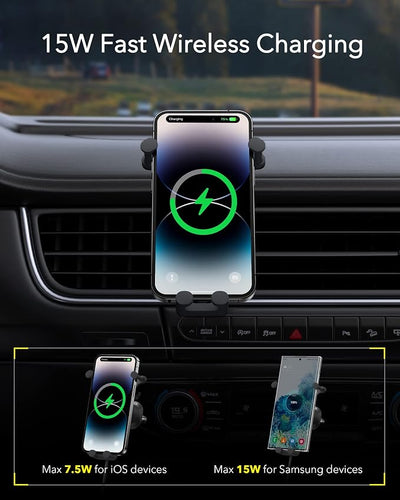 Wireless Car Charger, Baseus 15W Fast Charging Phone Mount for Car Vent, Car Phone Holder with Enlarged Charging Coil for iPhone 15 14 13 12 11 10 8 Pro Max Xs, Samsung Galaxy S&Note Series Google LG