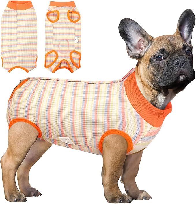 SAWMONG Recovery Suit for Dogs Female Male, Cotton Breathable Dog Onesie After Surgery Spay Neuter, Professional Dog Surgical Suit, Substitute Pet E-Collar Cone (Orange Stripes, M)