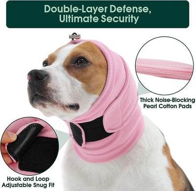 Kuoser Dog Noise Canceling Ear Wrap, Anxiety Relief Calming Hoodie, Pink M | Thick padded double-Layer with dual noise canceling technology, Anti-slip hook & loop fastener, Fireworks Grooming Vet-visit