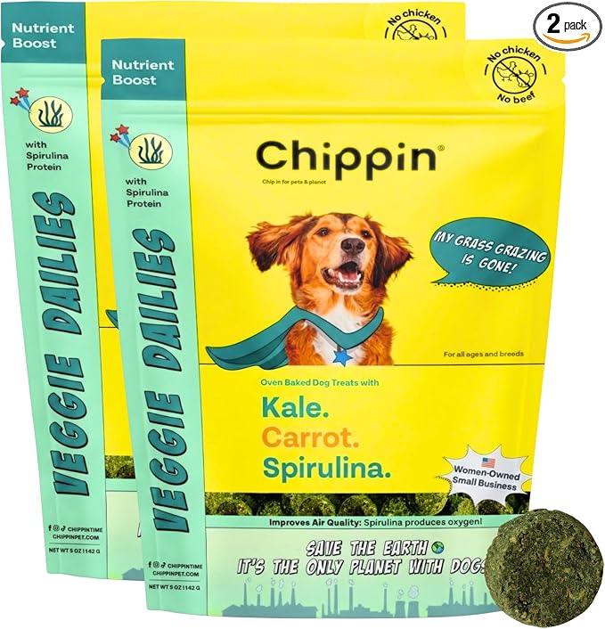 Chippin Healthy Dog Treats, All Natural Crunchy Biscuits with Real Spirulina, Kale, Oats, No Meat, Hypoallergenic, Vegan Treats for Puppy, Small, Large Dogs, 2 Pack