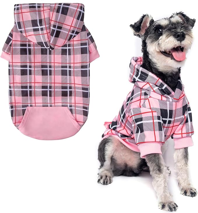 EXPAWLORER Plaid Dog Hoodie - British Style Warm Dog Sweater Shirt with Leash Hole,Pitbull Clothes Outfits,Winter Coat Apparel for All Breeds Puppy Girl Boy-Cat Apparel,Pink Small
