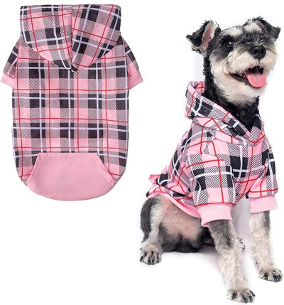 EXPAWLORER Plaid Dog Hoodie - British Style Warm Dog Sweater Shirt with Leash Hole,Pitbull Clothes Outfits,Winter Coat Apparel for All Breeds Puppy Girl Boy-Cat Apparel,Pink Small