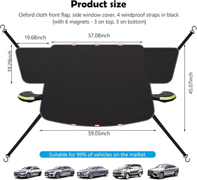 Ultra Wide Design and Thick Car Windshield Snow Cover - All-Weather Anti Frost, Anti Snow and Sun Protection, with Magnetic and Strap Fixation (Green Reflective Strip)