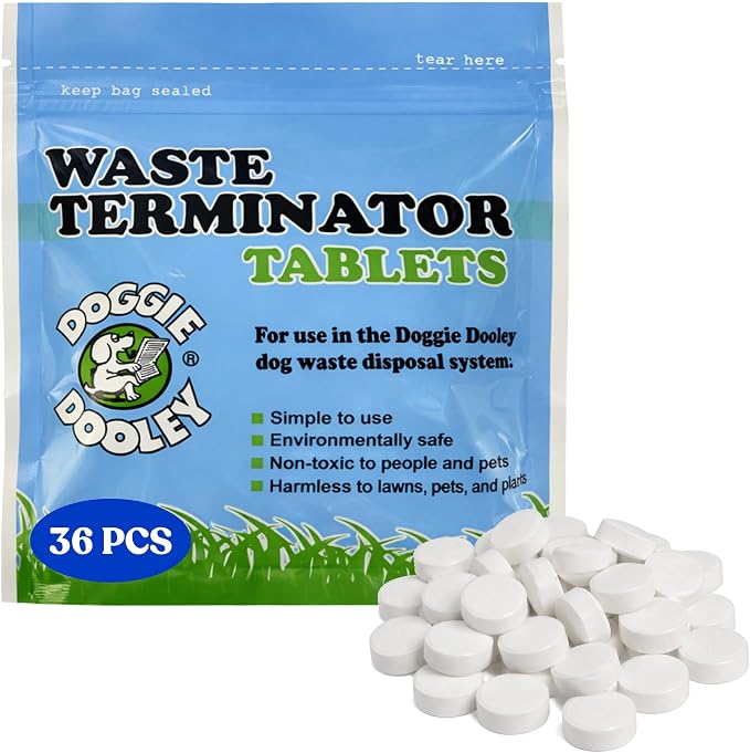 Waste Terminator Tablets - 36 Count - Pet Digester Concentrate for In-Ground Disposal Unit - Break Down Solid Waste - Resealable Pouch - Weekly Formula for Large Breeds - White