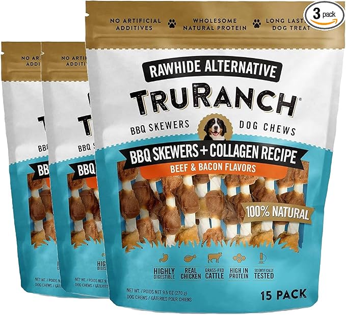 TRURANCH 5" BBQ Collagen Skewers - Collagen Dog Chews - Long Lasting Healthy Joint Support - Rawhide Alternative - Skin & Coat Health, Value Pack, 3 Bags, 45 Count