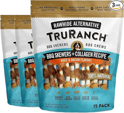 TRURANCH 5" BBQ Collagen Skewers - Collagen Dog Chews - Long Lasting Healthy Joint Support - Rawhide Alternative - Skin & Coat Health, Value Pack, 3 Bags, 45 Count
