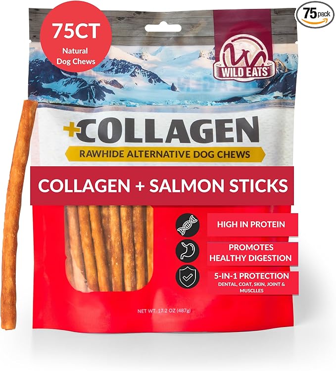 Wild Eats Salmon Collagen Sticks for Dogs (75 Pack, 0.6 cm Wide) Long Lasting Dog Chews No Hide Dog Treat Bully Stick Alternative, Rawhide Free, Grain Free, High Protein