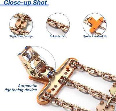Snow Chains, Emergency Anti-Skid Tire Chains for SUV, Cars, Sedan, Pickup Trucks with Update Adjustable Lock for Ice, Snow, Mud, Sand, Applicable Tire Width 225-305 mm (8.86-12 inch)