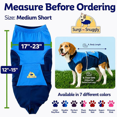 Surgi Snuggly Dog Surgery Recovery Suit - Dog Onesie for Post Surgery Recovery, Female Spay & Male Neuter - Surgical Suit for Dogs, E-Collar Cone Alternative, Double Blue - Medium Short - 12"-15" (EC)