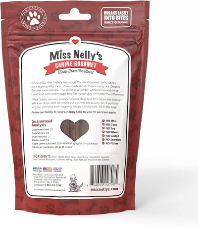 Miss Nelly's -All Natural Beef Jerky Dog Treats - Soft Sticks - USA Made and Sourced - Original Smoke House Recipe - Small Batch Beef Jerky for Dogs - Minimally Processed - 8 oz. Bag