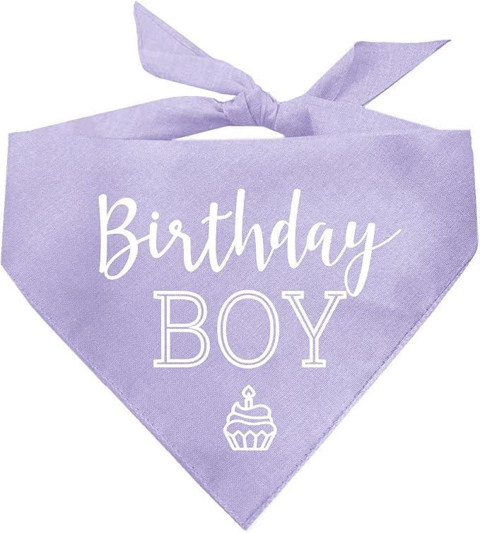 Birthday Boy with Cupcake Dog Bandana | 100% Cotton | Made in USA | Birthday | Pawty | Party Theme | Celebration Supplies | Photoshoot | Lavender, One Size (214)