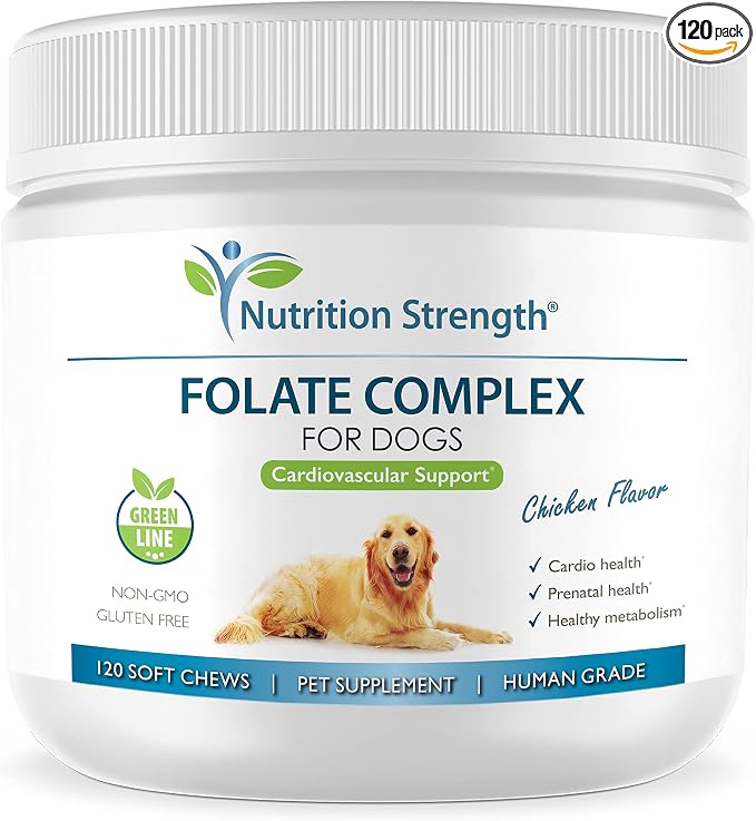 Folate for Dogs to Promote Cardiovascular & Prenatal Health, Support DNA Synthesis & Cell Maintenance, Folic Acid for Dogs with Zinc, Biotin, Iron & Vitamin B12, 120 Soft Chews