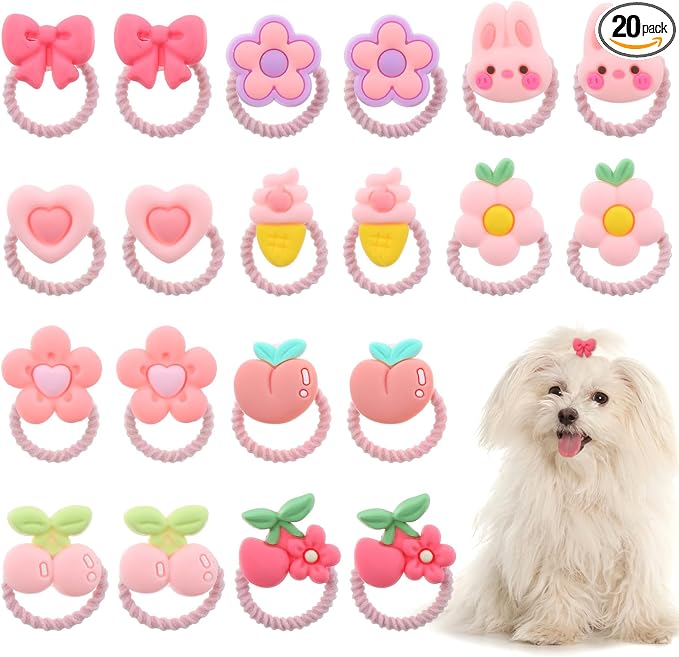 20 Pcs Dog Hair Bows with Rubber Bands, Cute Dog Bows, Mini Hair Ties Bulk, Various Styles Girl Dogs Accessories, Puppy Bow for Small Size Dogs Yorkie Shih Tzu Maltese (Pink)