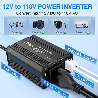 Nilight 150W Power Inverter 12V DC to 110V AC Car Converter with PD 30W USB C & QC3.0 for Phones Tablets Laptop Computer Game Console Kindle iPad DVD Players Black