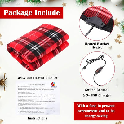 Tuanse 2 Pcs USB Heated Blanket 25"x35" Small Portable 5v 3 Setting Electric Blanket with Timer and Temperature Controller Winter Wearable Recharge Throw for Travel Home(Rose Red Plaid)