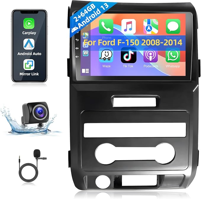 8-core Wireless CarPlay Car Radio Stereo for Ford F-150 F150 2008 2009 2010 2011 2012 2013 2014 with Android Auto 9" Touch Screen Bluetooth Audio GPS Navigation WiFi EQ RDS Hi-Fi Backup Camera